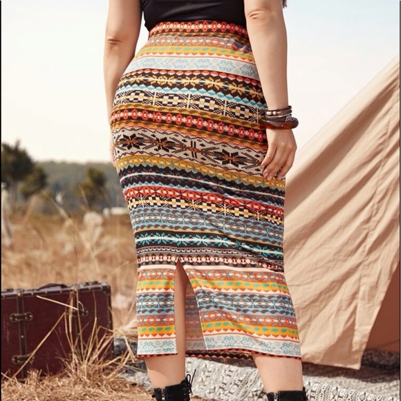 Boho Plus Size Aztec Geo Print High Waist Pencil Fitted Skirt - Picture 3 of 7
